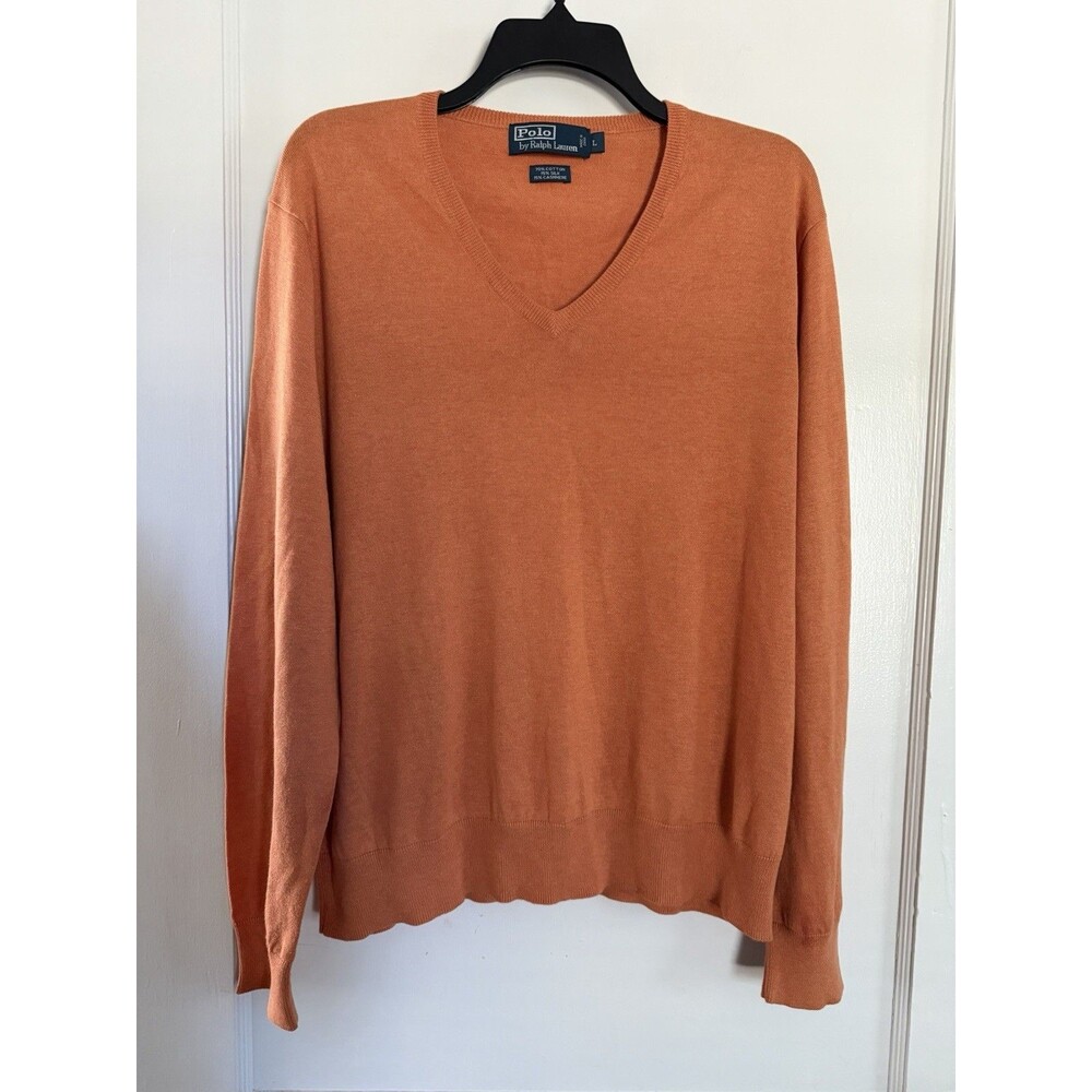 Polo Ralph Lauren Mens V-Neck Sweater Large Orange Cotton Silk Cashmere Blend